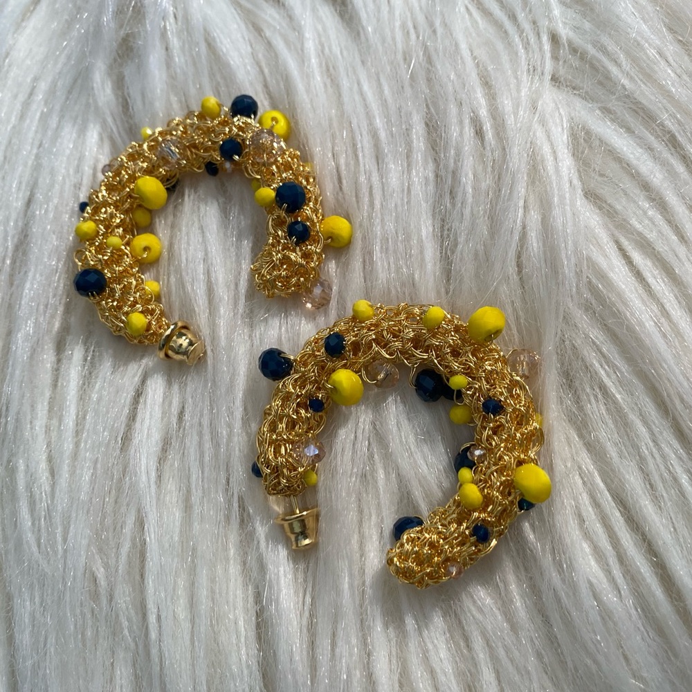 Small Hand Made Gold Crochet Beaded Hoops - Picture 5 of 11